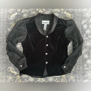 vintage Another Thyme black velvet blouse sheer sleeves and rhinestone buttons